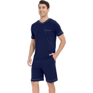 imageWiWi Viscose from Bamboo Loose Comfy Pajamas Set for Men Soft Summer Short Sleeve Sleepwear SXXLNavy