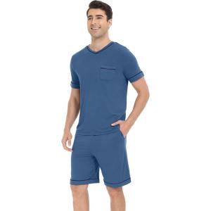 imageWiWi Viscose from Bamboo Loose Comfy Pajamas Set for Men Soft Summer Short Sleeve Sleepwear SXXLPrussian Blue
