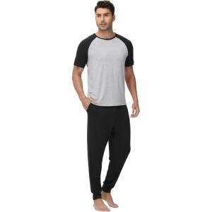 imageWiWi Mens Pajama Set Short Sleeve Tee Jogger Pants with Pockets Sleepwear Raglan Nightwear Soft Pjs Sets SXXLBlackheather Grey