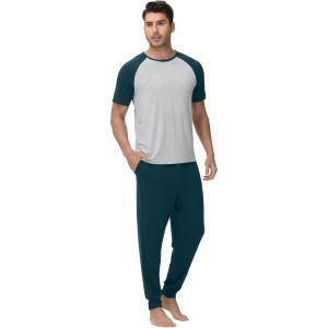 imageWiWi Mens Pajama Set Short Sleeve Tee Jogger Pants with Pockets Sleepwear Raglan Nightwear Soft Pjs Sets SXXLDark Bluish Greenlight Heather Grey