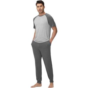 imageWiWi Mens Pajama Set Short Sleeve Tee Jogger Pants with Pockets Sleepwear Raglan Nightwear Soft Pjs Sets SXXLDark Heather Greylight Heather Grey