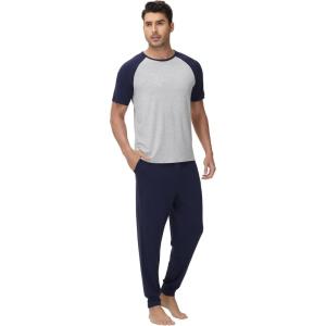 imageWiWi Mens Pajama Set Short Sleeve Tee Jogger Pants with Pockets Sleepwear Raglan Nightwear Soft Pjs Sets SXXLNautical Bluelight Heather Grey