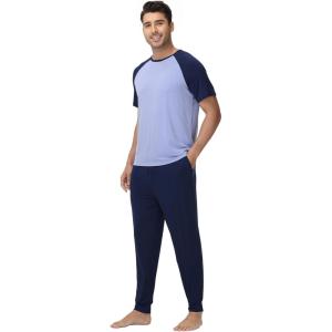 imageWiWi Mens Pajama Set Short Sleeve Tee Jogger Pants with Pockets Sleepwear Raglan Nightwear Soft Pjs Sets SXXLNavylight Blue