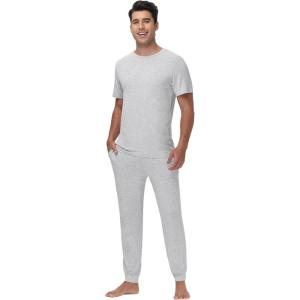 imageWiWi Mens Pajama Sets Viscose from Bamboo Sleepwear Short Sleeve Top and Pants Pjs Sets with Pockets Drawstring SXXLAsh Grey