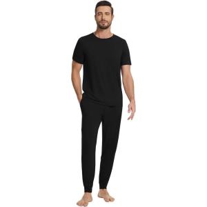 imageWiWi Mens Pajama Sets Viscose from Bamboo Sleepwear Short Sleeve Top and Pants Pjs Sets with Pockets Drawstring SXXLBlack
