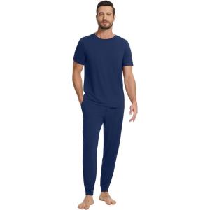imageWiWi Mens Pajama Sets Viscose from Bamboo Sleepwear Short Sleeve Top and Pants Pjs Sets with Pockets Drawstring SXXLDark Blue