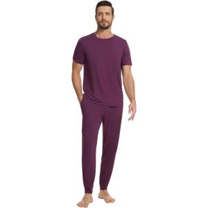 imageWiWi Mens Pajama Sets Viscose from Bamboo Sleepwear Short Sleeve Top and Pants Pjs Sets with Pockets Drawstring SXXLMulberry