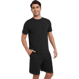 imageWiWi Mens Pajamas Set Short Sleeve Top and Shorts Pajama Lightweight Pjs Viscose made from Bamboo Loungewear SXXLBlack