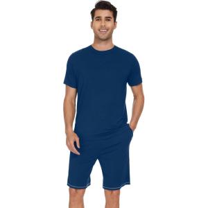 imageWiWi Mens Pajamas Set Short Sleeve Top and Shorts Pajama Lightweight Pjs Viscose made from Bamboo Loungewear SXXLInk Blue