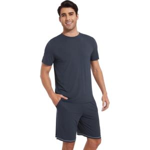 imageWiWi Mens Pajamas Set Short Sleeve Top and Shorts Pajama Lightweight Pjs Viscose made from Bamboo Loungewear SXXLMidnight Blue