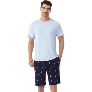 imageWiWi Mens Pajamas Set Short Sleeve Top and Shorts Pajama Lightweight Pjs Viscose made from Bamboo Loungewear SXXLSkiing on Navy