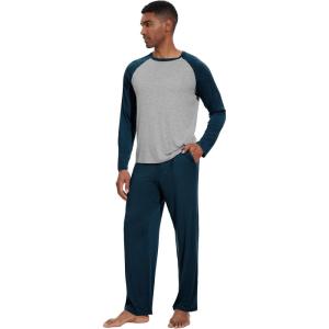 imageWiWi Mens Pajamas Set Viscose from Bamboo Long Sleeve Sleepwear Knit Nightwear 2 Pieces Loungewear Sets with Pants SXXLDark Bluish Green