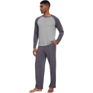 imageWiWi Mens Pajamas Set Viscose from Bamboo Long Sleeve Sleepwear Knit Nightwear 2 Pieces Loungewear Sets with Pants SXXLDark Grey