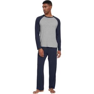 imageWiWi Mens Pajamas Set Viscose from Bamboo Long Sleeve Sleepwear Knit Nightwear 2 Pieces Loungewear Sets with Pants SXXLNavy Blue