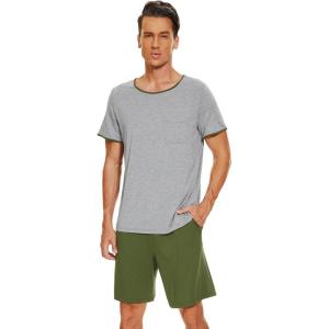 imageWiWi Mens Pajamas Set Viscose from Bamboo Short Sleeve Top ampamp Pajama Shorts Sleepwear Soft Loungewear with Pockets SXXLAheather Greyarmy Green