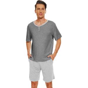 imageWiWi Mens Pajamas Set Viscose from Bamboo Short Sleeve Top ampamp Pajama Shorts Sleepwear Soft Loungewear with Pockets SXXLBdark Heather GreyAsh Grey