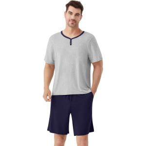 imageWiWi Mens Pajamas Set Viscose from Bamboo Short Sleeve Top ampamp Pajama Shorts Sleepwear Soft Loungewear with Pockets SXXLBlight Heather GreyNavy