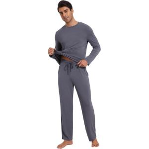 imageWiWi Mens Viscose from Bamboo Pajamas Set Lightweight Sleepwear Long Sleeve Crewneck Sleep Shirt and Long Pants SXXLDark Grey