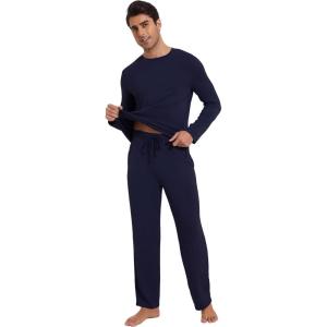 imageWiWi Mens Viscose from Bamboo Pajamas Set Lightweight Sleepwear Long Sleeve Crewneck Sleep Shirt and Long Pants SXXLNavy
