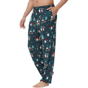 imageWiWi Viscose from Bamboo Mens Sleep Pant Sports Trousers with Pockets Light bottom SXXLAchristmas Elk on Green