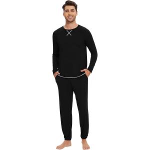 imageWiWi Mens Pajama Set Drawstring Jogger with Pocket Long Sleeve Sleepwear Loungewear Viscose from Bamboo SXXLBlack