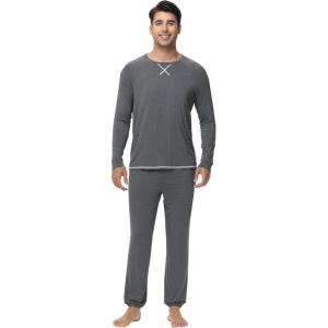 imageWiWi Mens Pajama Set Drawstring Jogger with Pocket Long Sleeve Sleepwear Loungewear Viscose from Bamboo SXXLDark Heather Grey
