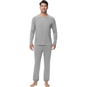 imageWiWi Mens Pajama Set Drawstring Jogger with Pocket Long Sleeve Sleepwear Loungewear Viscose from Bamboo SXXLLight Heather Grey