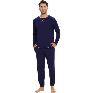 imageWiWi Mens Pajama Set Drawstring Jogger with Pocket Long Sleeve Sleepwear Loungewear Viscose from Bamboo SXXLNavy