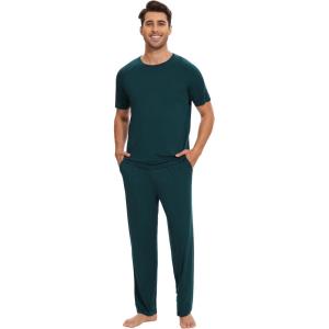 imageWiWi Mens Pajamas Set Viscose from Bamboo Sleepwear Casual Soft Sleep Sets with Pockets Short Sleeve Loungewear SXXLDeep Teal