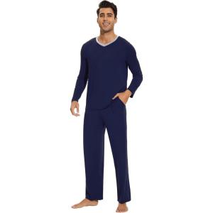 imageWiWi Mens Viscose from Bamboo Pajama Sets Long Sleeve Top and Pants Sleepwear Nightwear Pjs Loungewear Sleep Set SXXLNavy