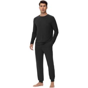 imageWiWi Mens Viscose from Bamboo Pajama Sets Long Sleeve Top and Pants Sleepwear Pjs with Pockets Drawstring SXXLBlack