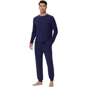 imageWiWi Mens Viscose from Bamboo Pajama Sets Long Sleeve Top and Pants Sleepwear Pjs with Pockets Drawstring SXXLNavy