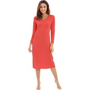 imageWiWi Nightgowns for Women Soft Viscose from Bamboo Long Sleeve Nightshirts Sleepwear Plus Size Nightshirts S3XCoral