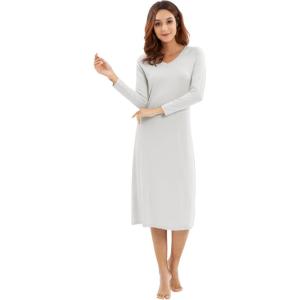 imageWiWi Nightgowns for Women Soft Viscose from Bamboo Long Sleeve Nightshirts Sleepwear Plus Size Nightshirts S3XLight Grey