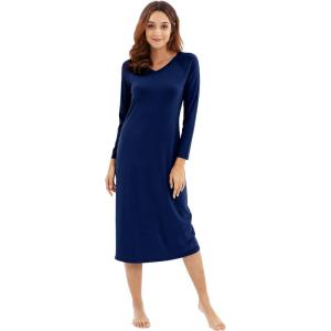 imageWiWi Nightgowns for Women Soft Viscose from Bamboo Long Sleeve Nightshirts Sleepwear Plus Size Nightshirts S3XNavy