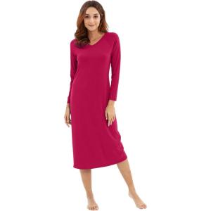 imageWiWi Nightgowns for Women Soft Viscose from Bamboo Long Sleeve Nightshirts Sleepwear Plus Size Nightshirts S3XRose Red