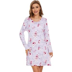 imageWiWi Viscose from Bamboo Nightgowns for Women Long Sleeve Sleep Shirts Soft Sleepwear Pajamas Nightshirts SXXLAgreyPeony