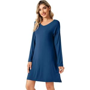 imageWiWi Viscose from Bamboo Nightgowns for Women Long Sleeve Sleep Shirts Soft Sleepwear Pajamas Nightshirts SXXLAink Blue
