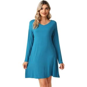 imageWiWi Viscose from Bamboo Nightgowns for Women Long Sleeve Sleep Shirts Soft Sleepwear Pajamas Nightshirts SXXLAteal Blue