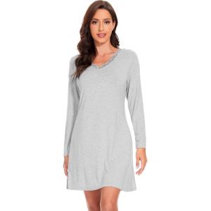 imageWiWi Viscose from Bamboo Nightgowns for Women Long Sleeve Sleep Shirts Soft Sleepwear Pajamas Nightshirts SXXLBash Grey