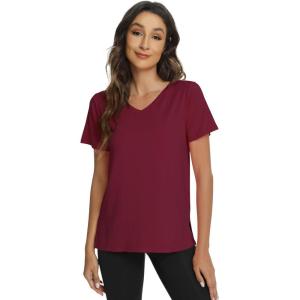 imageWiWi Viscose from Bamboo Pajama Tops for Women Soft Short Sleeve Tee Sleep Shirts V Neck TShirt Pjs Top Sleepwear SXXLAburgundy