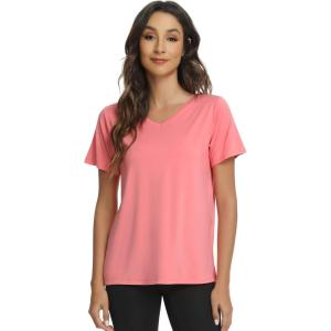 imageWiWi Viscose from Bamboo Pajama Tops for Women Soft Short Sleeve Tee Sleep Shirts V Neck TShirt Pjs Top Sleepwear SXXLAcoral Pink