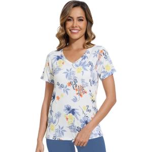 imageWiWi Viscose from Bamboo Pajama Tops for Women Soft Short Sleeve Tee Sleep Shirts V Neck TShirt Pjs Top Sleepwear SXXLAlittle Flowers