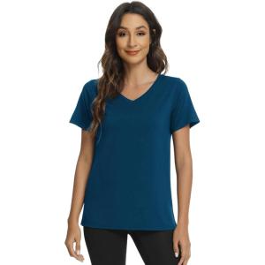 imageWiWi Viscose from Bamboo Pajama Tops for Women Soft Short Sleeve Tee Sleep Shirts V Neck TShirt Pjs Top Sleepwear SXXLApeacock Blue
