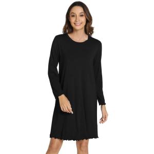 imageWiWi Womens Long Sleeve Nightdress Viscose from Bamboo Nightgowns for Women Crew Neck Sleepwear SXXLBlack