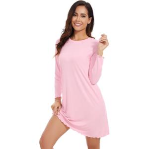 imageWiWi Womens Long Sleeve Nightdress Viscose from Bamboo Nightgowns for Women Crew Neck Sleepwear SXXLPink