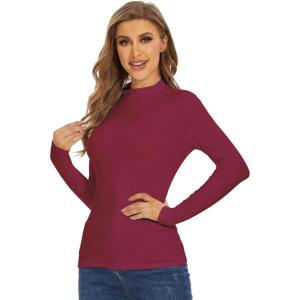 imageWiWi Womens Mock Turtleneck Pullover Tops Long Sleeve Pajama Top Viscose from Bamboo Slim Fit Underwear SXXLWine