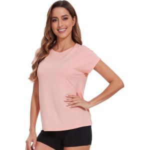 imageWiWi Womens Pajama Tops Soft Crew Neck Sleep Shirt Loose Short Sleeves TShirt Viscose from Bamboo SXXLPeach Pink