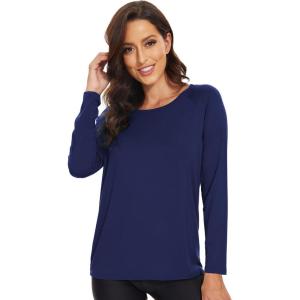 imageWiWi Womens Viscose from Bamboo Pajama Tops Soft Scoop Neck Sleep Shirt Loose Long Sleeves TShirt Loungewear SXXLAnavy