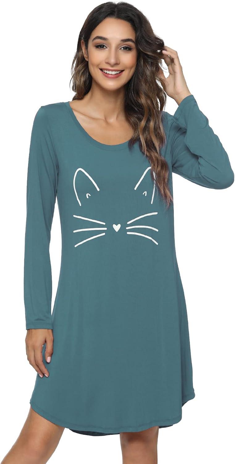 imageWiWi Nightgowns for Women Soft Long Sleeve Nightgown Plus Size Sleep Shirt Pajama Gown Viscose from Bamboo S4XBvintage IndigoCat